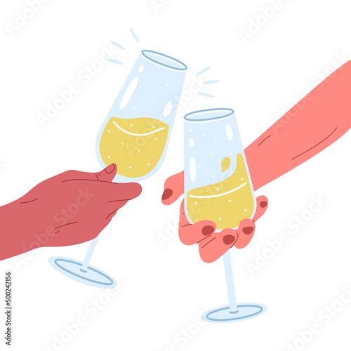 Champagne cheers glasses, bubbly wine glass, celebrating toast concept. Party toast with champagne, clink glasses vector background illustrations. Hands holding drinks glasses