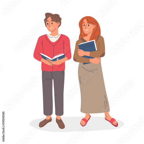 Couple book lovers, reading characters holding books. Young woman and man literature fans isolated vector symbols illustration. Cartoon reading people