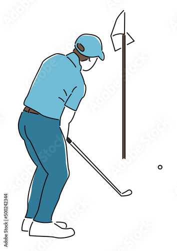 Putt on the green. It is an illustration of a golfer putting with a putter.