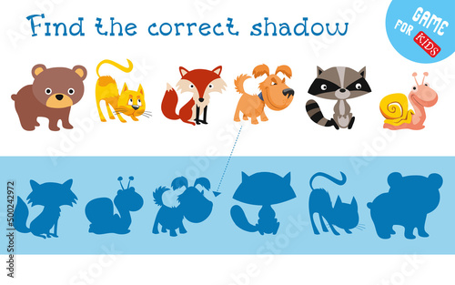 Find correct shadow. Cute animal characters. Educational game for children. Activity, vector illustration.