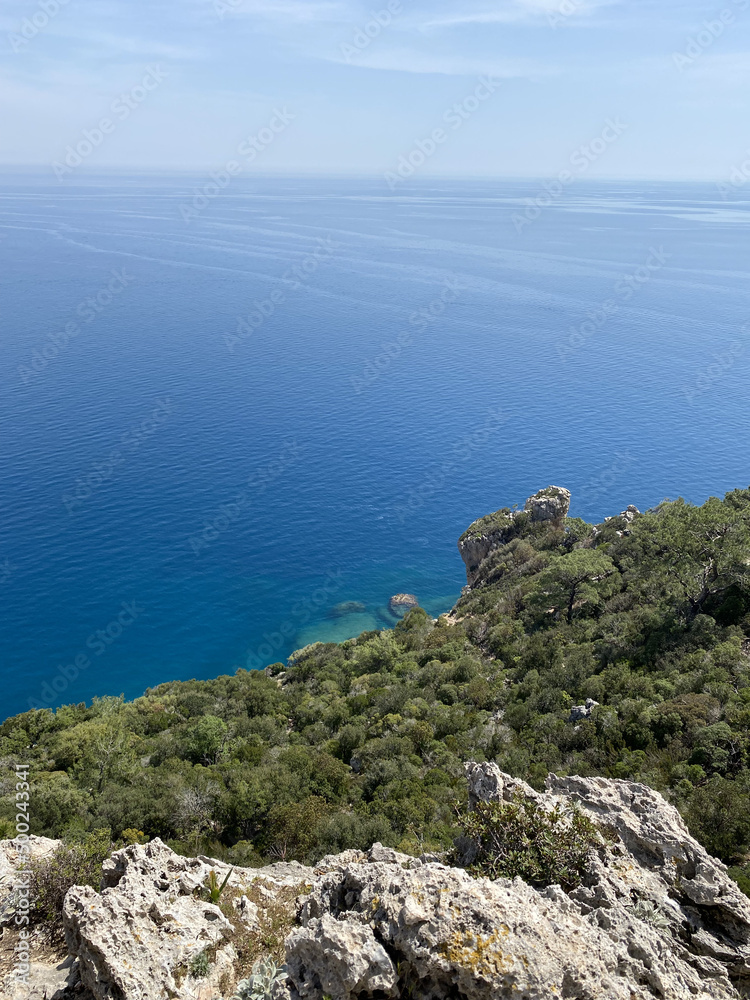 Panoramic view of Kemer, Turkey. View from the height through the pine trees of the Mediterranean coast. Chalysh mountain in Kemer, Turkey