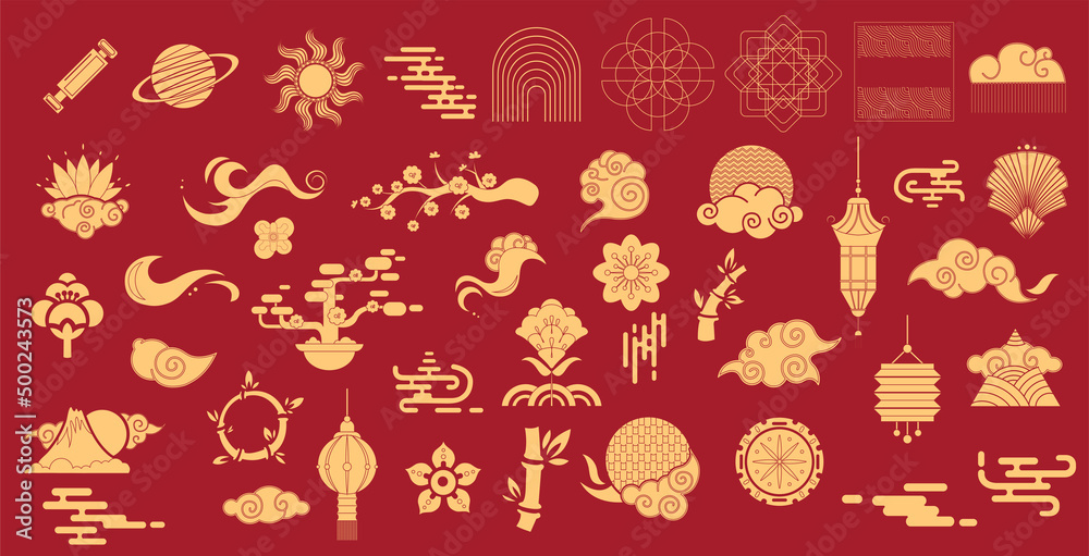 Naklejka premium Chinese traditional patterns, flowers, lanterns, clouds, elements and ornaments. Vector decorative jewelry collection in Chinese and Japanese style.