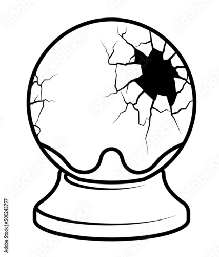 Shattered magic crystal ball of diviner. Uncertain future, impossibility of planning. Simple black and white vector isolated on white background