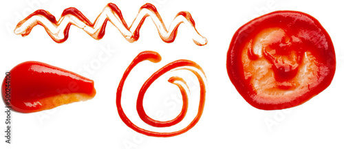 Ketchup spots and lines. Collection of different ketchup shapes isolated on white background.