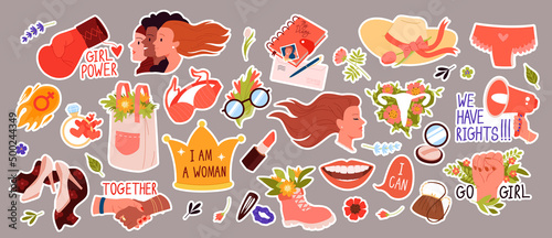 Beauty and fashion stickers for women with support phrases set vector illustration. Cartoon feminism motivation symbols collection with flowers, long hair woman, protest fist and female solidarity