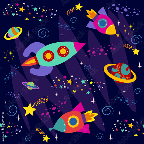 seamless pattern with space objects  planets  rockets  stars  comets  spaceships in cartoon style. vector illustration