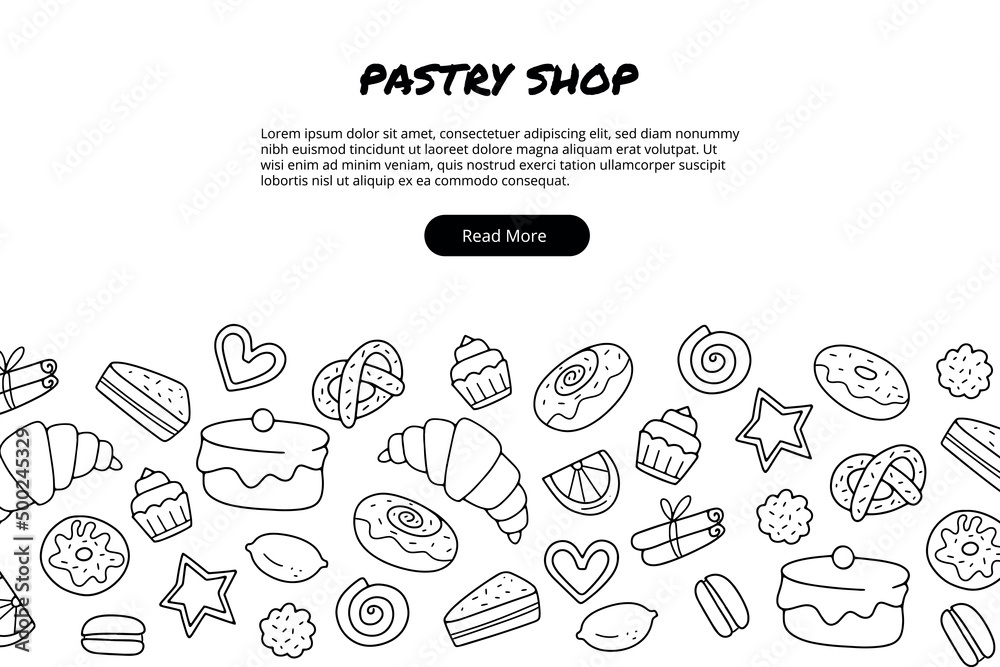 Hand drawn template with sweets such as cake, donut, cupcake, croissant. Doodle sketch style. Illustration for pastry shop. Hand drawn template with sweets such as cake, donut, cupcake, croissant. Doodle sketch style. Illustration for pastry shop.