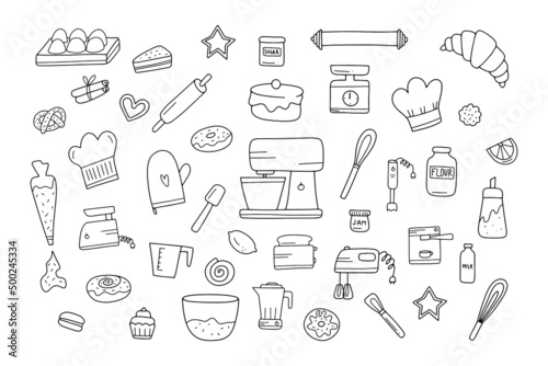 Hand drawn template with baking and cooking equipment. Doodle sketch style illustration.