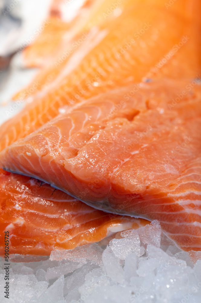 Organic wild scottish fish salmon cleaned on ice on market