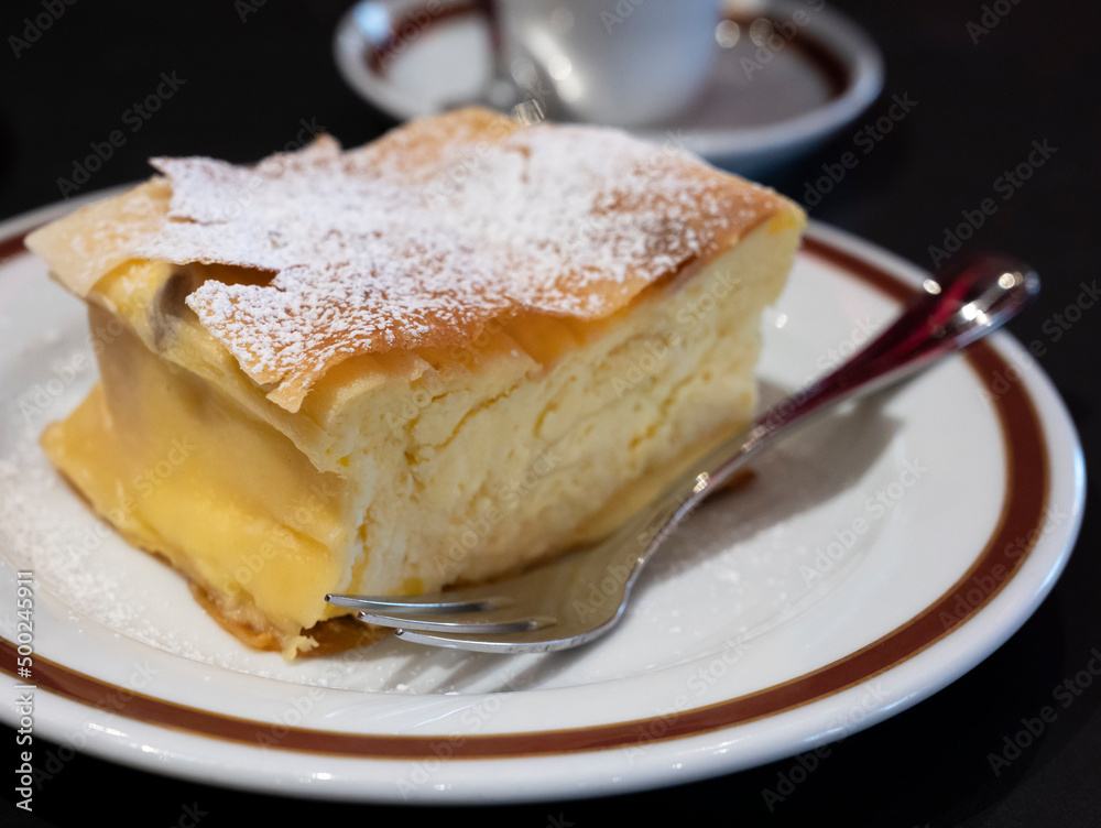 Austrian sweet dessert, filled with white cheese strudel served warm in traditional cafe in Vienna, Austria