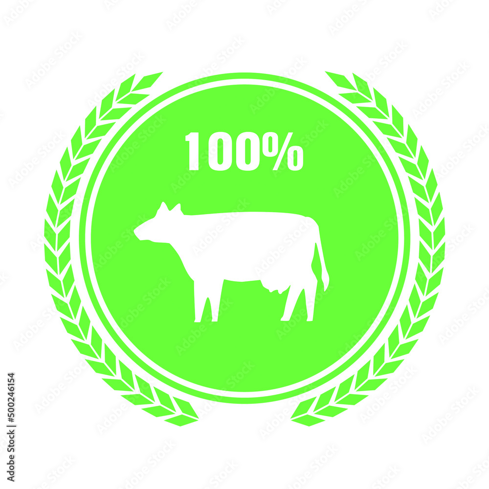 Siegel oder Gütezeichen mit 100% Rindfleisch und dem Symbol einer Kuh ...
