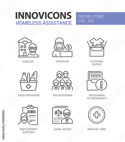 Homeless assistance and care - line design style icons set