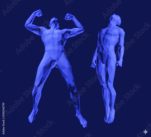 Strong man raising hands up. Leadership, freedom or development concept. Jumping man. 3D human body model. Design for sport. Vector illustration composed of particles.