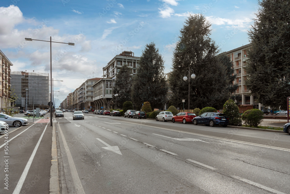 Cuneo, Piedmont, Italy - April 11, 2022: Piazza Europa overlooking Corso Nizza