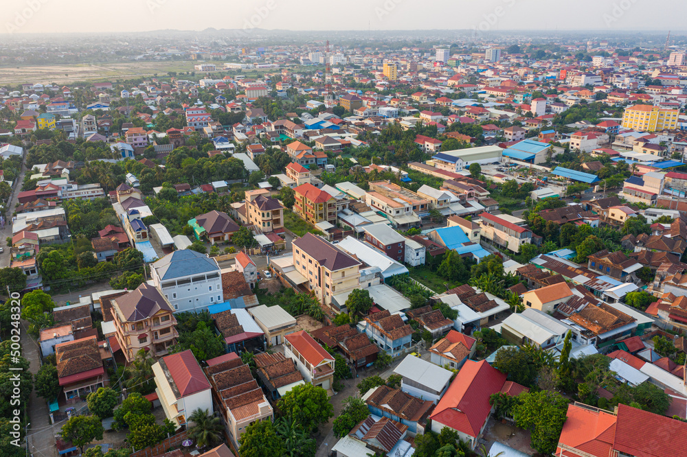 Panoramic drone view of cityscape near Mekong River in Kampong Cham, Cambodia.