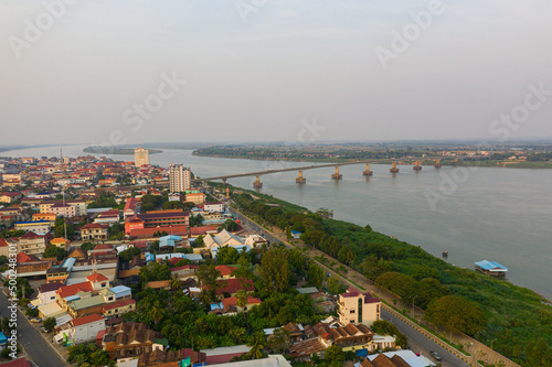 Konstfotografi Panoramic drone view of cityscape near Mekong River in Kampong Cham, Cambodia