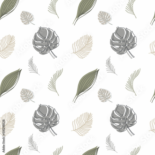 Seamless pattern with different tropic leaves on white background. Modern Scandinavian style illustration, perfect for greeting cards, wall art, wrapping paper, etc.