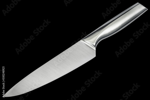 Studio shot of large, heavy duty Stainless Steel Chef's kitchen knife, isolated on black background.