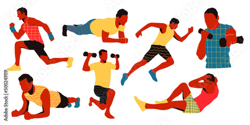 Workout man set. Man doing fitness and yoga exercises. Lunges and squats, plank and abc. Full body workout. Sport gym people set with dumbbells, barbells and fitness tools.