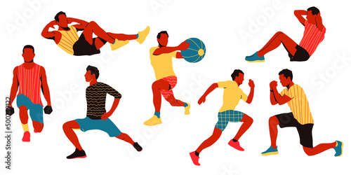 Workout man set. Man doing fitness and yoga exercises. Lunges and squats, plank and abc. Full body workout. Sport gym people set with dumbbells, barbells and fitness tools.