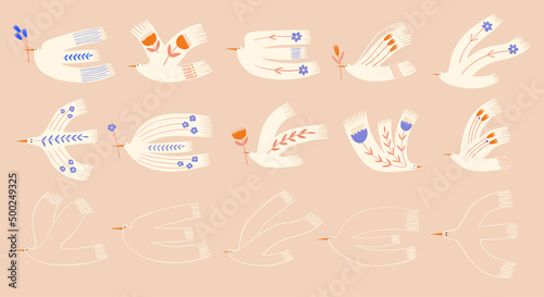 Set of floral white bird illustrations