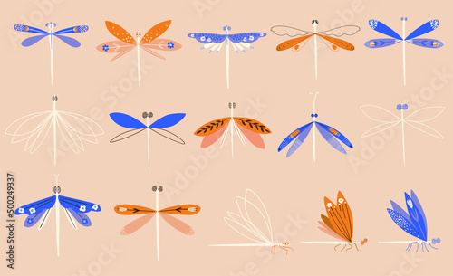 Set of floral decorated dragonfly illustrations