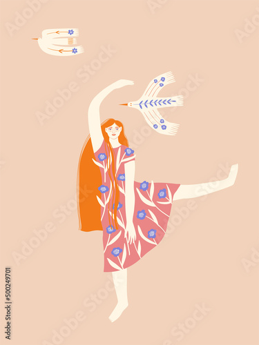 Dancing woman and flying birds