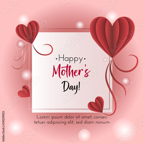Vector holiday postcard for Mother's Day with volumetric hearts in paper-cut style on pink background	