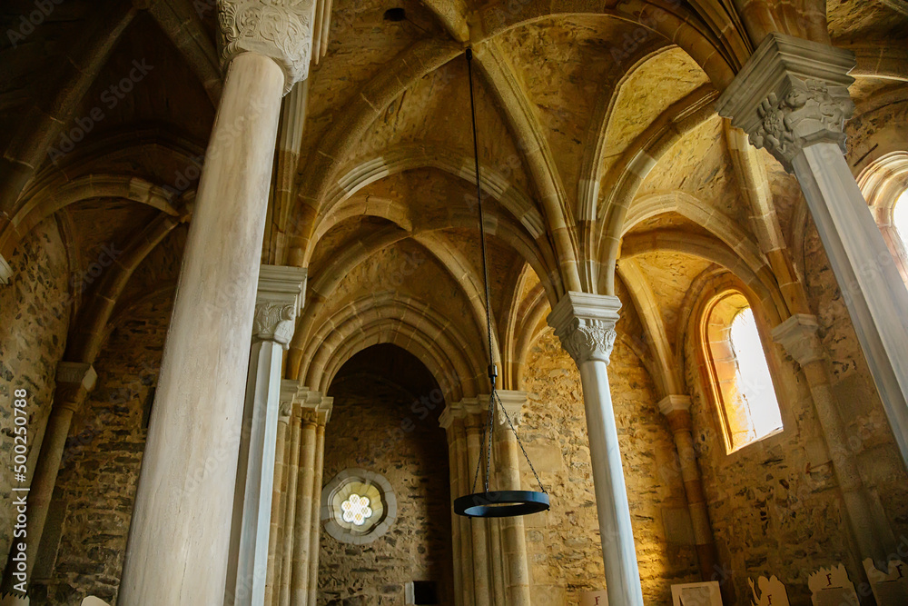 Cheb, Western Bohemia, Czech Republic, 14 August 2021: Gothic medieval catholic Church, town Eger, interior of Chapel of St. Martin, Erhard and Ursula, castle stone columns, arched vaults and portals