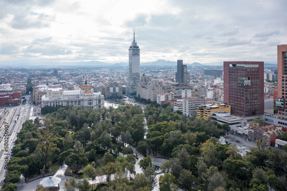 Mexico City, CDMX, Mexico, OCT, 17 2021, Alameda Central square with a view of the Palacio de Bellas Artes in the background