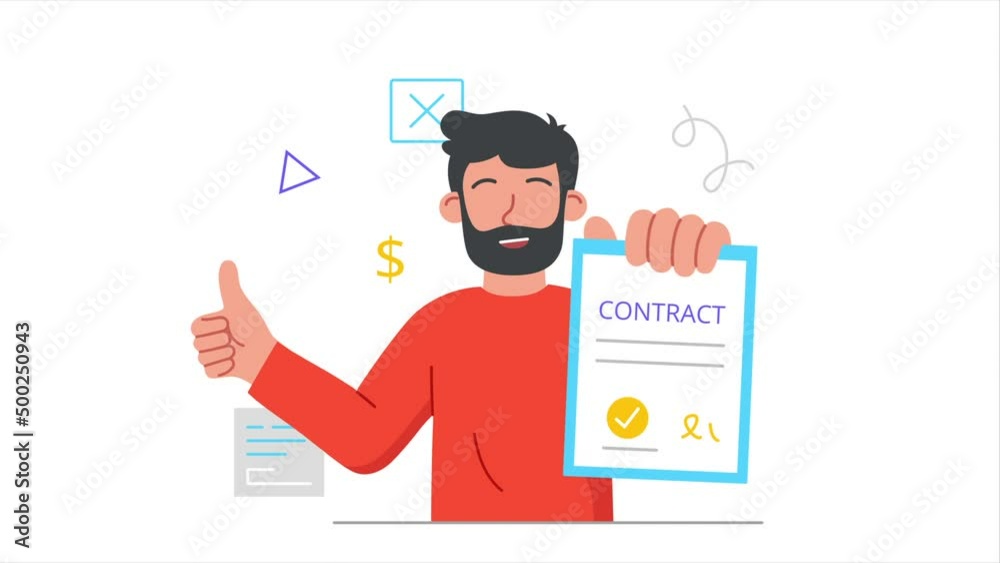 Business documents video concept. Moving man holds signed contract and shows thumbs up. Entrepreneur with bill of sale or intellectual property agreement. Graphic animated cartoon in doodle style Business documents video concept. Moving man holds signed contract and shows thumbs up. Entrepreneur with bill of sale or intellectual property agreement. Graphic animated cartoon in doodle style