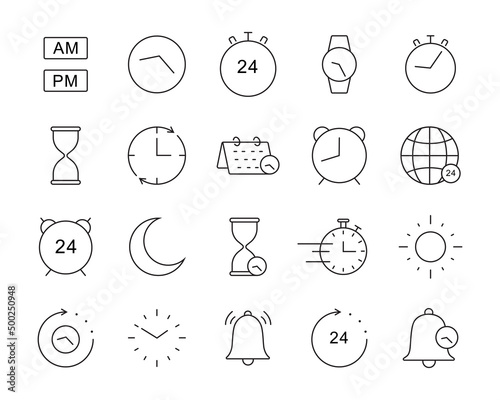 set of time and clock in thin line icon design. collection of vector icon with minimalist style.