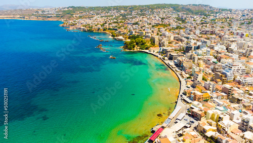 Panoramic aerial view from above of the city of Chania, Crete island, Greece. Landmarks of Greece, beautiful venetian town Chania in Crete island. Chania, Crete, Greece.