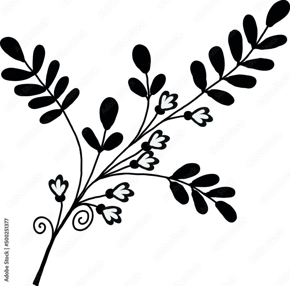 A twig with leaves and flowers in black. Vector file for designs.