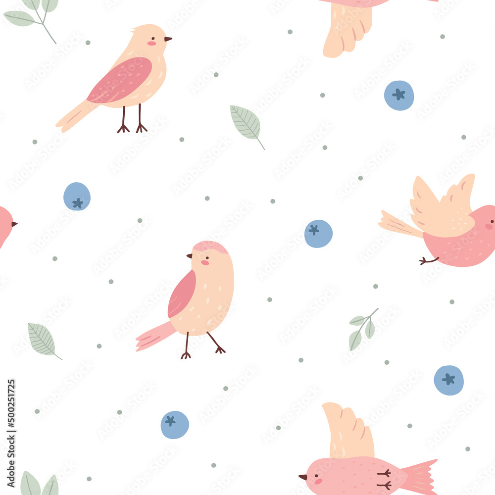 Seamless pattern with childish birds and berries on white background. Cute vector illustration in pastel colors for design, fabric and textiles.