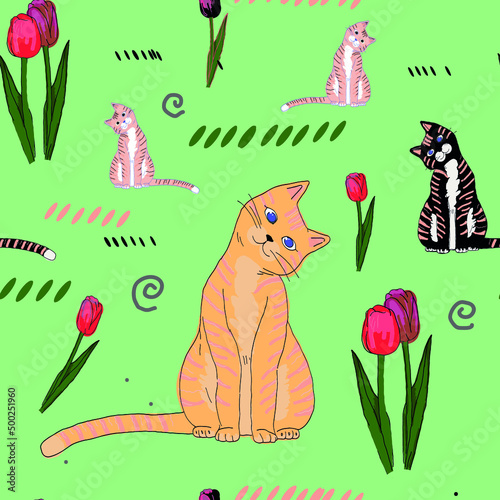 Vector seamless pattern with cats and tulips.
