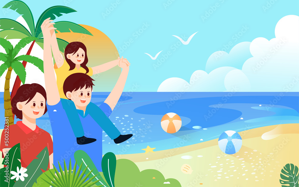 Family travel by the beach in summer with sea and trees in the background, vector illustration