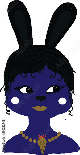 A bunny girl with a blue muzzle and black ears. A vector file is useful for creating your designs.