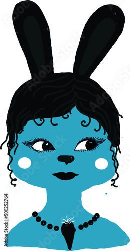 A bunny girl with a blue muzzle and black ears. A vector file is useful for creating your designs.