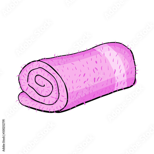 Pink rolled folded fluffy terry towel. Spa center, hotel textile accessories. Isolated on white background