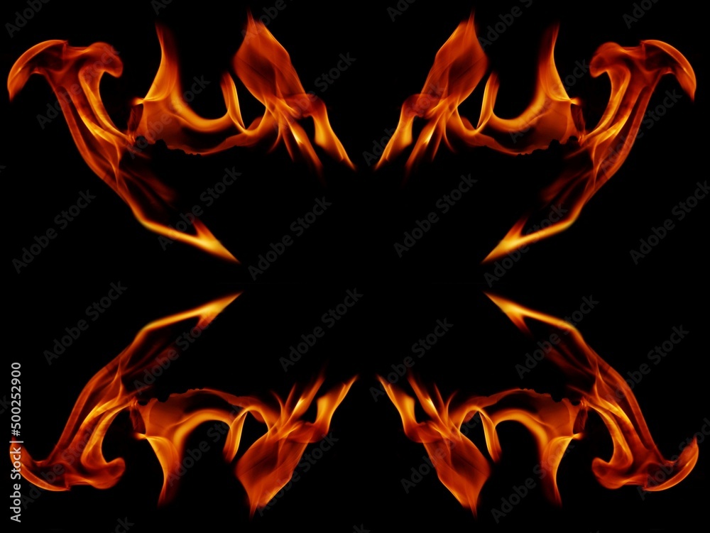 A beautiful flame shaped as imagined. like from hell, showing a dangerous and fiery fervor, black background