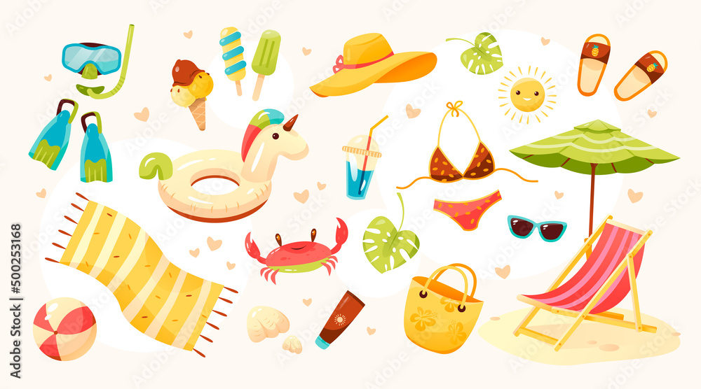 Big summer set. Beach set of cute elements: swimsuit, sunglasses, sun lounger with umbrella, swimming circle, hat, fruit, ice cream, fins and mask, beach bag, crab. Cartoon vector illustration Big summer set. Beach set of cute elements: swimsuit, sunglasses, sun lounger with umbrella, swimming circle, hat, fruit, ice cream, fins and mask, beach bag, crab. Cartoon vector illustration
