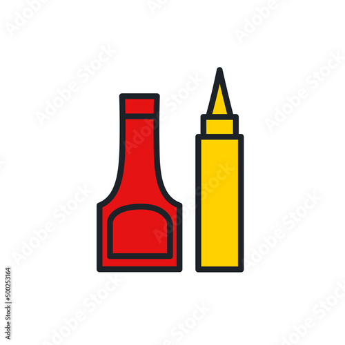 Ketchup and mustard bottles icon. Fast food isolated color icons