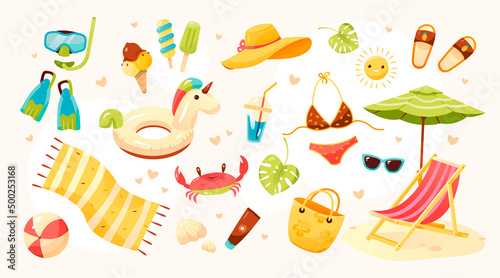 Big summer set. Beach set of cute elements: swimsuit, sunglasses, sun lounger with umbrella, swimming circle, hat, fruit, ice cream, fins and mask, beach bag, crab. Cartoon vector illustration