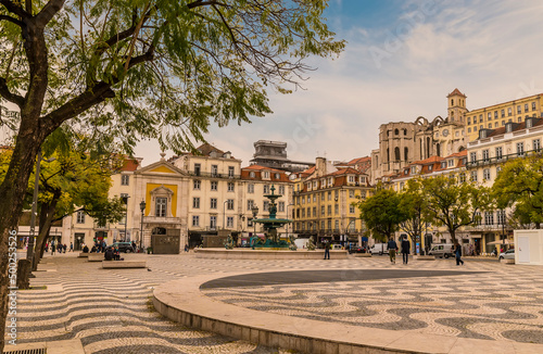 A view diagonally across the Central Square in the Alfama distict in the city of Lisbon on a spring day