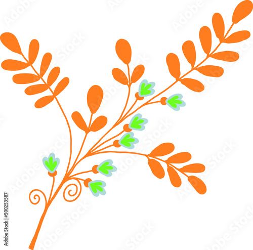 A twig with leaves and small flowers. Vector file.