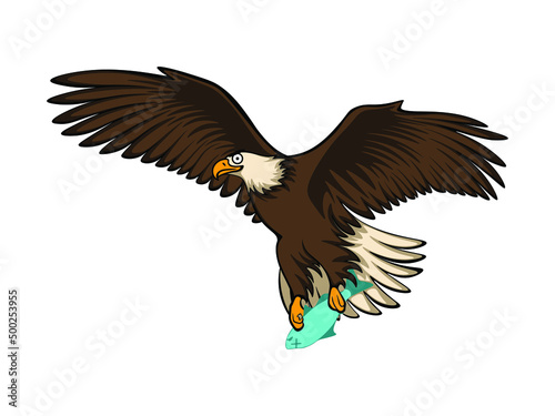 Funny cartoon american bald eagle fishing