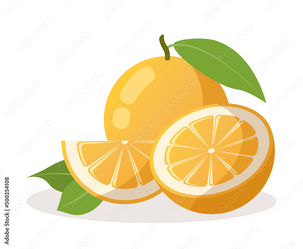 Whole orange with a leaf, half an orange and a slice. Isolated citrus fruit on white background. Juicy and sweet tropical fruit. Stock vector illustration in flat style. Whole orange with a leaf, half an orange and a slice. Isolated citrus fruit on white background. Juicy and sweet tropical fruit. Stock vector illustration in flat style.