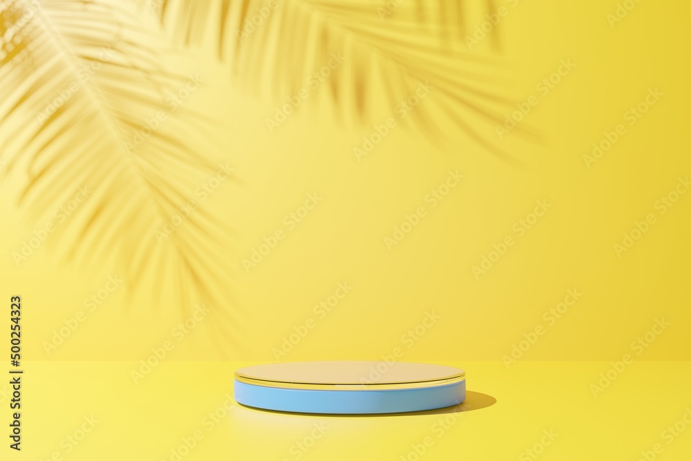 Blue podium and palm leaf shadow on yellow abstract background. - obrazy, fototapety, plakaty 