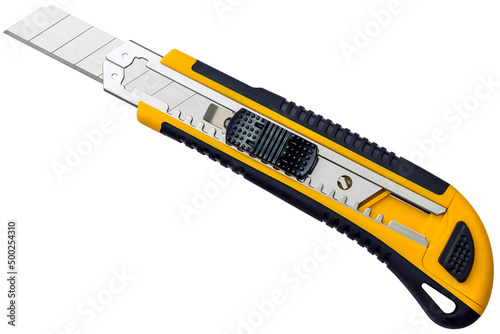 Studio shot of boxcutter utility knife, with yellow and black designed handle, with partially extended blade, isolated on white background. photo